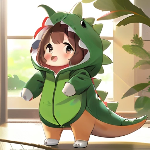 anime,dino,konglong,a 20 year old corgi wear dinosaur costume,cute,solo,sunlight,style of yoneyama mai,