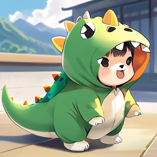 anime,dino,konglong,a 20 year old corgi wear dinosaur costume,cute,solo,sunlight,style of yoneyama mai,