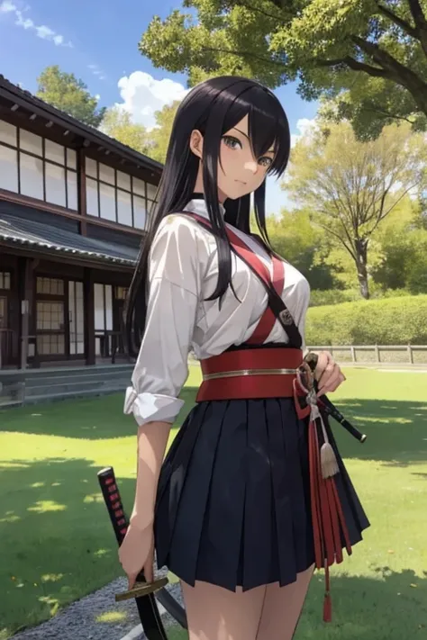 create an anime girl in a  with a samurai sword in a luxurious school landscape and who is 18 years old