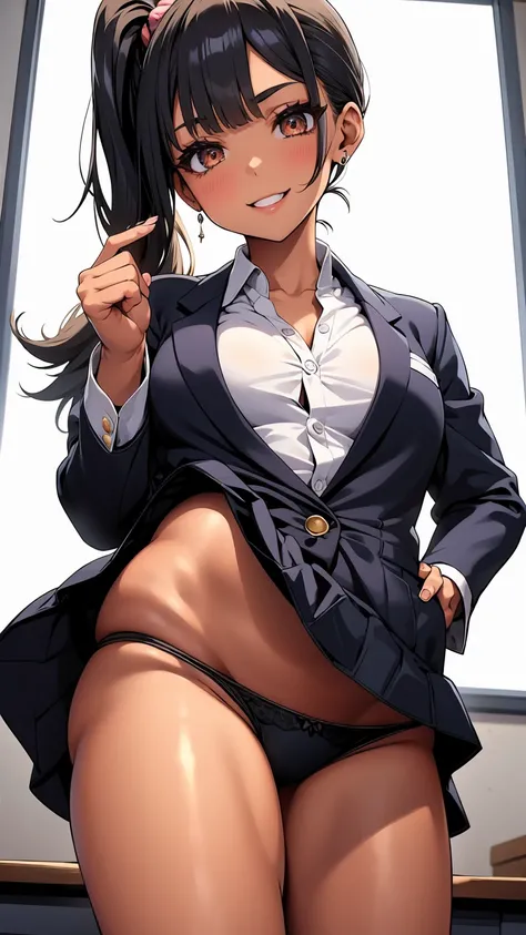 One Girl, Five Fingers, mini skirt, Looking down at the viewer、Dark eyeshadow、Galメイク, Blonde、Side Ponytail、Gal、Brown Skin, Highest quality, Focus on the thighs, Dynamic pose, smile, blazer, blouse, barefoot, Standing Split, classroom, Black Hair, Stylish p...