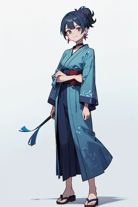 Blue and green yukata、Red and blue hair、Mischievous face、Choker on neck、Big earrings、The earrings are red、Arms crossed、Only the mouth is smiling、Straw sandals、Choker on right leg、Shoulders are out(whole body、Are standing、、White background)