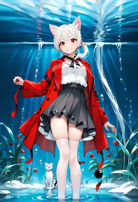 masterpiece, highest quality, highest resolution, clear_image, detailed details, White hair, long hair, cat ears, 1 girl, red eyes, white lab coat (with a black short skirt), white pantyhose, white scarf (around the neck), cute, full body, no water marks, ...