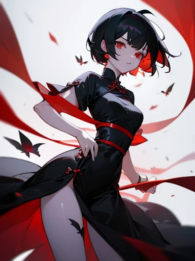 Women, White skin, medium breasts, short hair , black chinese dress. black hair, red butterflies around. Colo mo body energy flash, ribbon tied to his thigh.