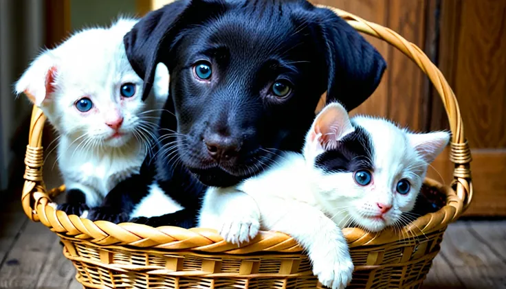 cute,(black-labrador-puppy:1.1),(white-kitten:1.0),in a basket