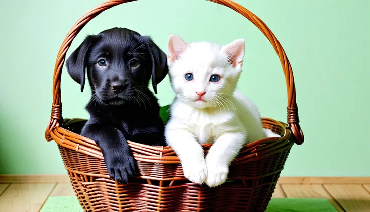 cute,(black-labrador-puppy:1.1),(white-kitten:1.0),in a basket