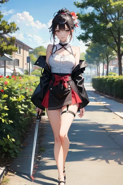 create an anime girl with a  with a low neckline and a miniskirt and with a samurai sword in a luxurious school landscape and who is 18 years old