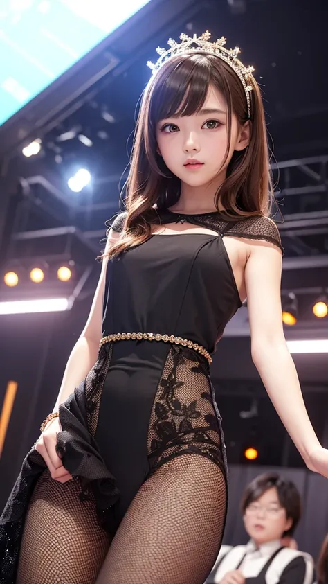 Beautiful woman,View your viewers, High Contrast, Low light, Vibrant, Very detailed, Brown Hair Color, Glowing Eyes、 With a middle school student-like face、Flat Body、accelerated background blur、Enako、Enako、Enako、Live venue background、Idol&#39;s clothes