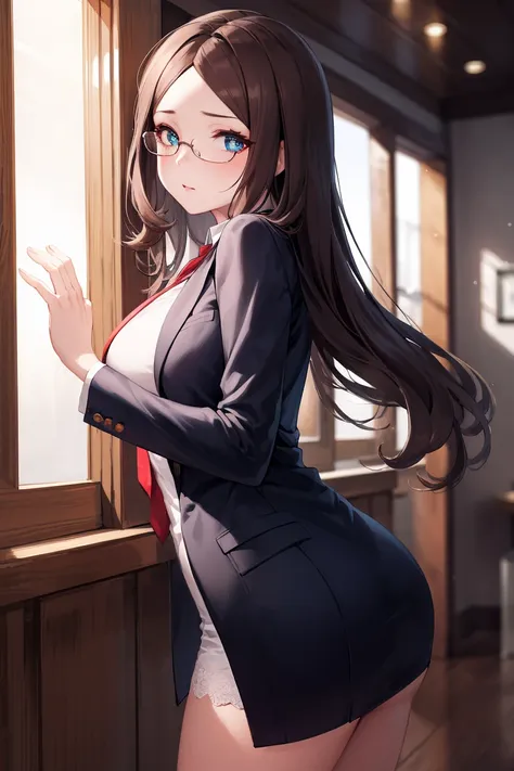 列奥纳多·da vinci, da vinci, blue eyes, brown hair, glasses, long hair, 
rest blue jacket and red tie and white shirt and red and wh...