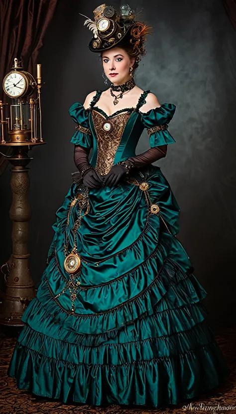 A steampunk aristocrat enchantress attends a ball wearing a gown that embodies the ingenuity of the Victorian era, with intricate clockwork details and a touch of whimsy.