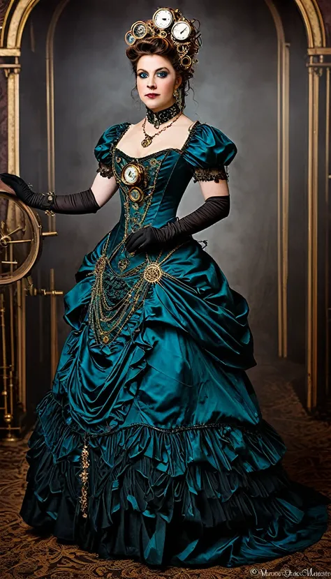 A steampunk aristocrat enchantress attends a ball wearing a gown that embodies the ingenuity of the Victorian era, with intricate clockwork details and a touch of whimsy.