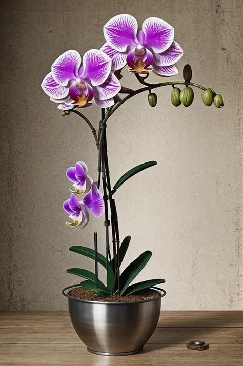 Create a realistic image of an orchid with a steel texture 