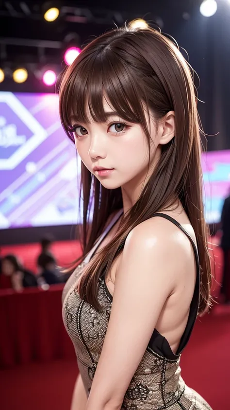 Beautiful woman,View your viewers, High Contrast, Low light, Vibrant, Very detailed, Brown Hair Color, Glowing Eyes、 With a face like an elementary school student、Flat Body、accelerated background blur、Enako、Enako、Enako、Live venue background、Idol&#39;s clot...