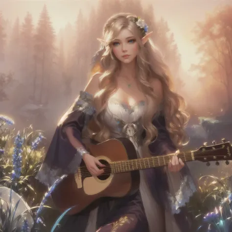 There is a woman with a guitar in a flower field, fog、evening、Fantasy art style, Beautiful fantasy art, Elven bard of the forest playing the lute, Beautiful fantasy art portrait, Fantasy Art, very Beautiful fantasy art, Realistic fantasy art, Detailed fant...