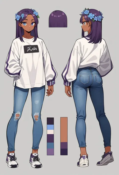 2d model reference sheet of anime girl, long purple hair, white jacket with blue flower designs on the jacket, black t-shirt, de...