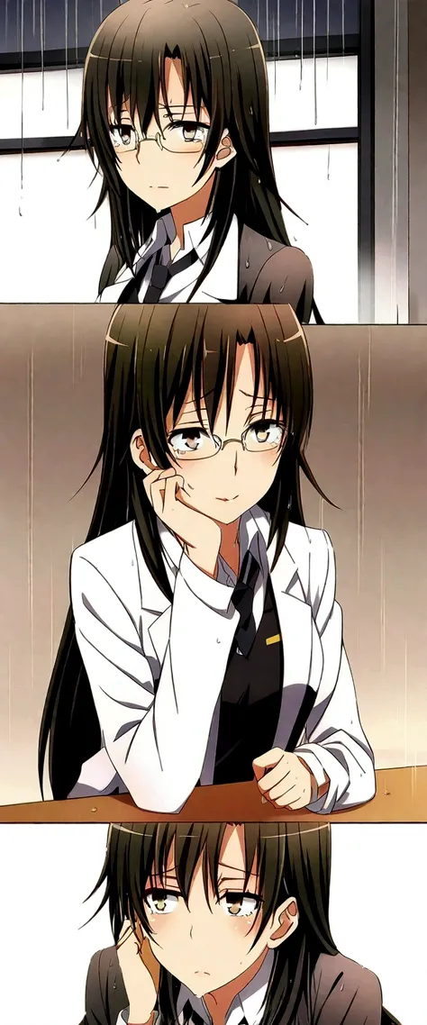 Rained , black long hair, campus uniform, glasses, brown eyes