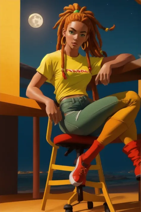 Realistic, 1girl, solo, long wide shot, tanned skin woman with ginger rasta hair, dreadlocks ponytail, medium height, athletic body, short and thick legs, dressed in shirt with 3 colors, green, yellow and red, black pants jeans, red footwear, look to the c...