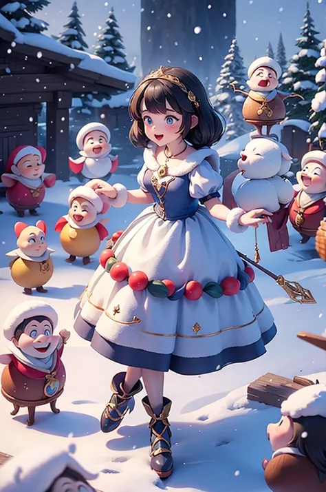 Snow White and the seven dwarfs playing hand in hand