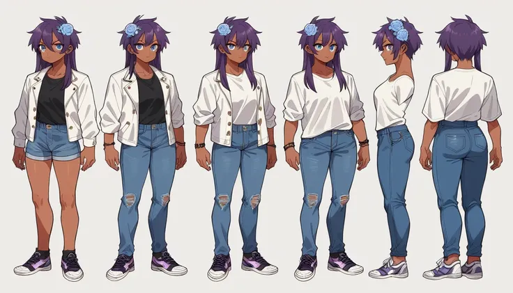 2d model reference sheet of anime girl, long purple hair, white jacket with blue flower designs on the jacket, black t-shirt, de...