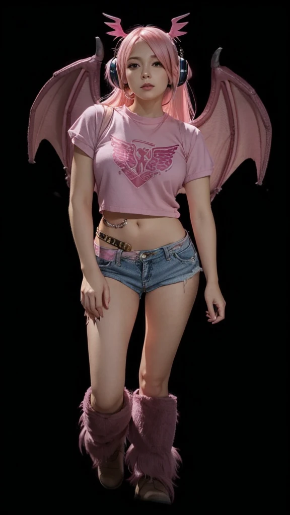 A beautiful girl in full body, cropped rosa, short jeans rosa, pink furry boots, pink straight hair, earphone, pink dragon wings.