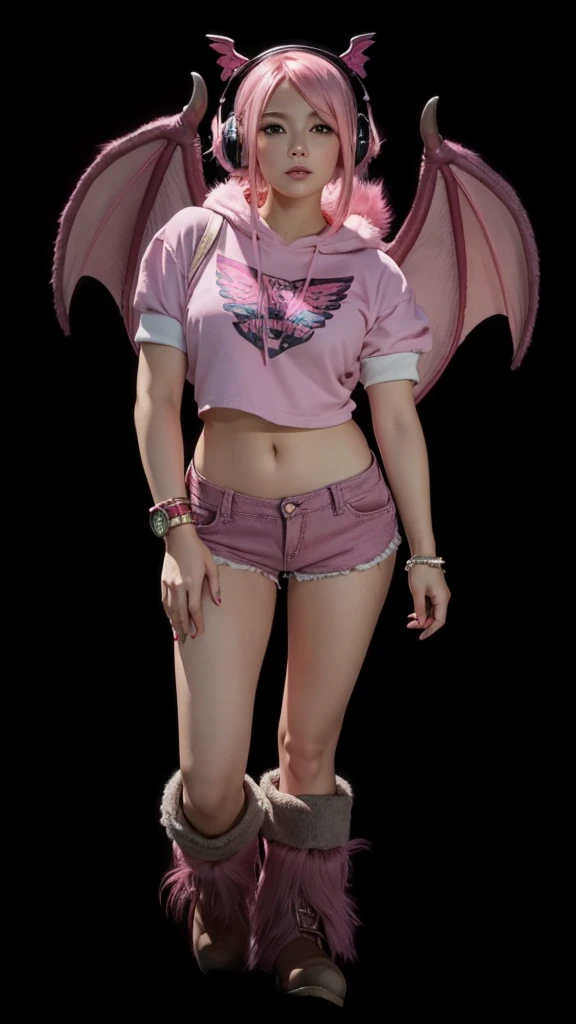 A beautiful girl in full body, cropped rosa, short jeans rosa, pink furry boots, pink straight hair, earphone, pink dragon wings.