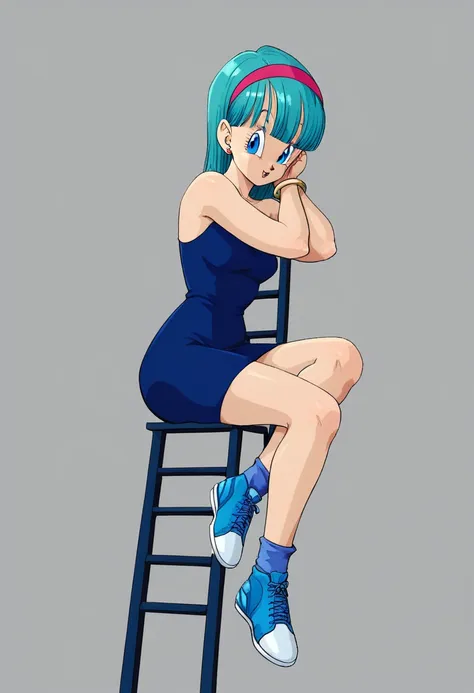 bulma saga buu dark blue dress , legs crossed on a ladder , dark blue sneakers