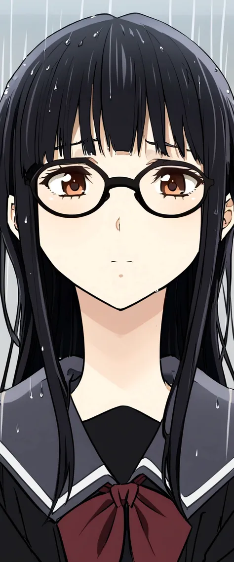 rained , black long hair, campus uniform, glasses, brown eyes