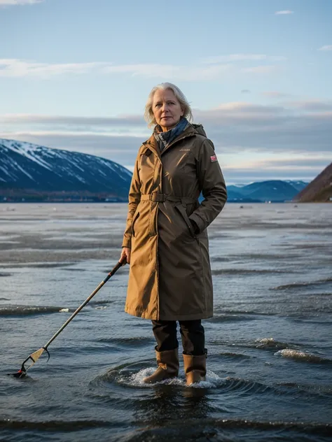 Liv Ullman, her name is Freydis, high quality, 1 old woman, ((50-year-old SLIM dutch woman)), ((50 years old)), (((wrinkled body))), ((((old body)))), ((LONG grey hair)), (((no make up))), (pale skin), (((blue eyes))), she is wearing stylish fishing gear f...