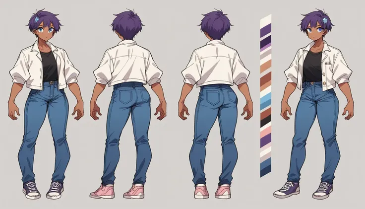 2d model reference sheet of anime girl, short purple hair, white jacket with blue flower designs on the jacket, black t-shirt, d...