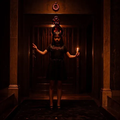 Full body view of an 8 year old girl worshipping Satan in a satanic temple