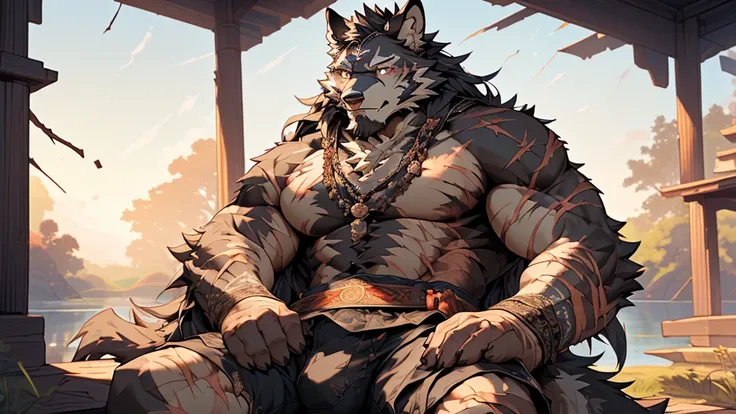 (masterpiece),(highres),(intricate details:1.4),extremely detailed,(illustration:1.2),8k,photorealistic,exquisite,,aged,elder male wolf,muscular,(general:1.7),,manhood,warrior,(black fur:1.3),long hair,long beard,(numerous scars:1.7),(badly damaged:1.7),(b...