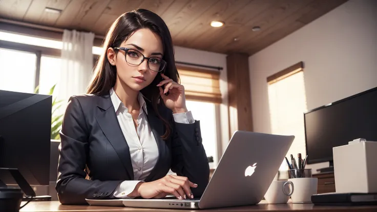 Attractive woman, Home Office, Sit at a desk, Using a laptop, Online game screen, Focused gaze, Stylish glasses, Business Casual, Warm lighting, Photorealistic