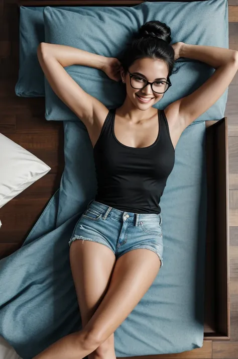 Young adult woman,black framed glasses,seductive smile, one person,facing this way,Raise your arms and see your sides,Glamour,wearing a black tank top, wearing denim shorts,messy bun,full body composition,lying with back on the bed surface