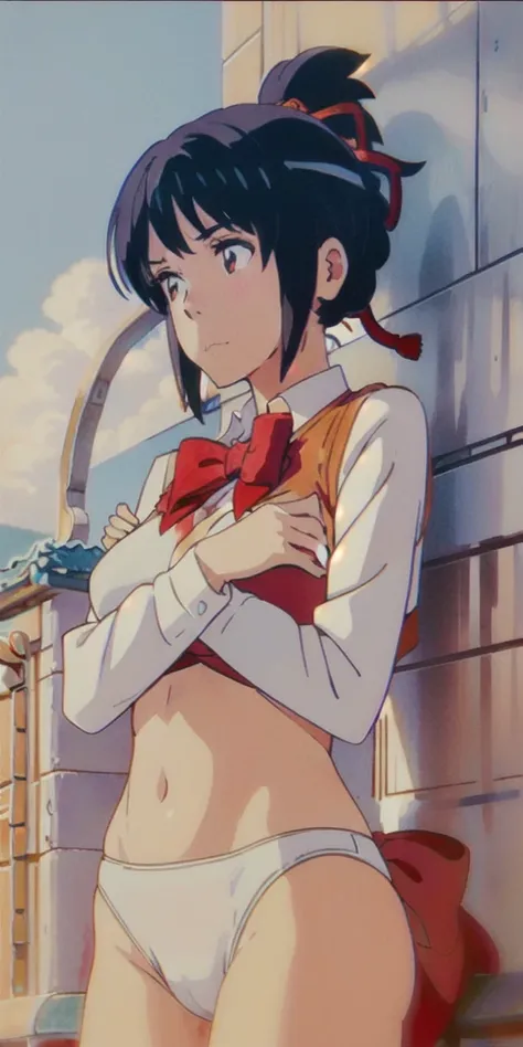 miyamizu_mitsuha, red bowtie,
jewelry, white yoga crop top, white yoga tight shorts, hands on chest,see-through, looking at viewer,  hair ornament, choker, shy,
(masterpiece, top quality, best quality, official art, beautiful and aesthetic:1.2), (1 girl), ...