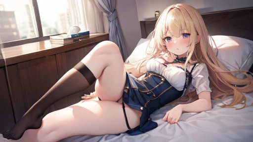 floor、mini skirt，Clothes with intricate details，Bright，Swimsuit，one person，blond，Sexy、Deep sleep、long hair、Stockings