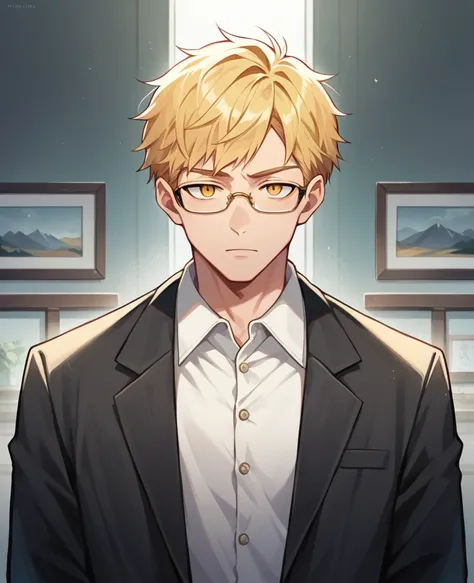 anime, male, short hair, blonde hairs, gold eyes, 180cm, six pack, handsome, pale skin, bad boys, wear glasses, mavia, black, cool, modern, ceo, alone
