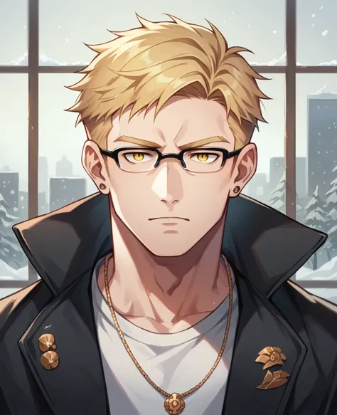 anime, male, short hair, blonde hairs, gold eyes, 180cm, six pack, handsome, pale skin, bad boys, wear glasses, mavia, black, cool, modern, ceo, alone
