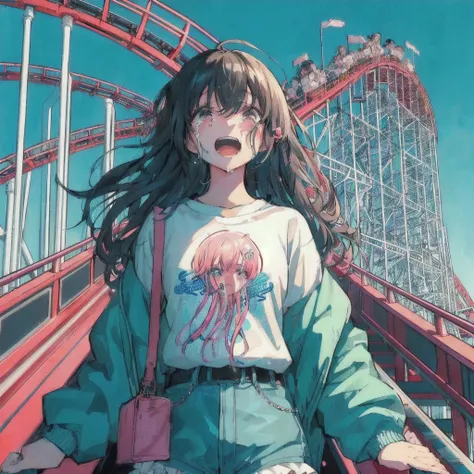 roller coasterに乗っているクラゲのTシャツを着たアニメの女の子, Crying hard,80s anime style, Lo-fi Girl, Anime Aesthetics, amusement park, Anime Aesthetics, Dreamy psychedelic anime, cute aesthetics, vehicle, Anime illustration, roller coaster, Anime Graphic Illustration, Anime-s...