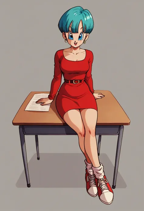 bulma red dress legs crossed on a desk