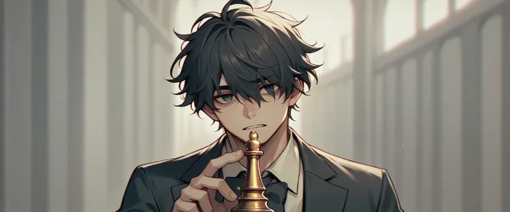 A blond man with straight, short hair, vestindo roupas pretas, is standing in a completely dark place. He holds a chess pawn between his thumb and forefinger. Your face is blurred with a black censorship stripe running over your eyes.. He&#39;s on top of a...