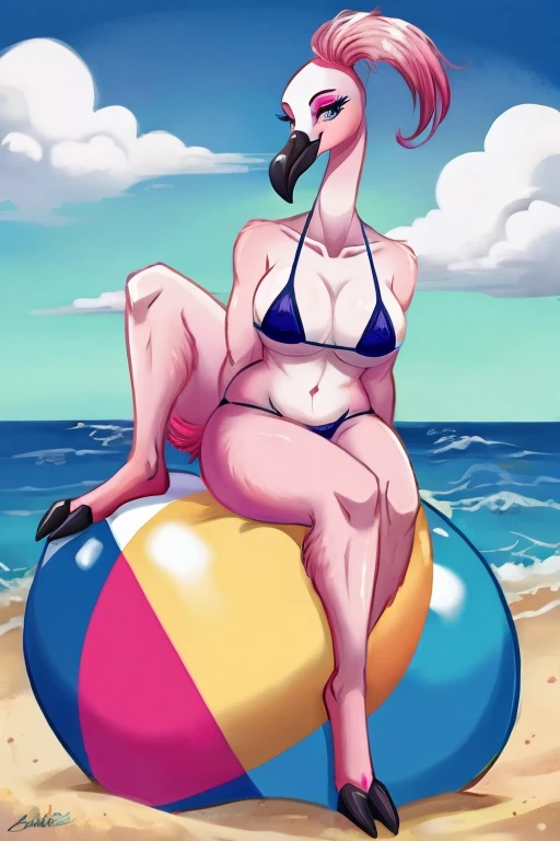 A sexy female flamingo wearing a bikini is sitting on giant beach ball at the beach.