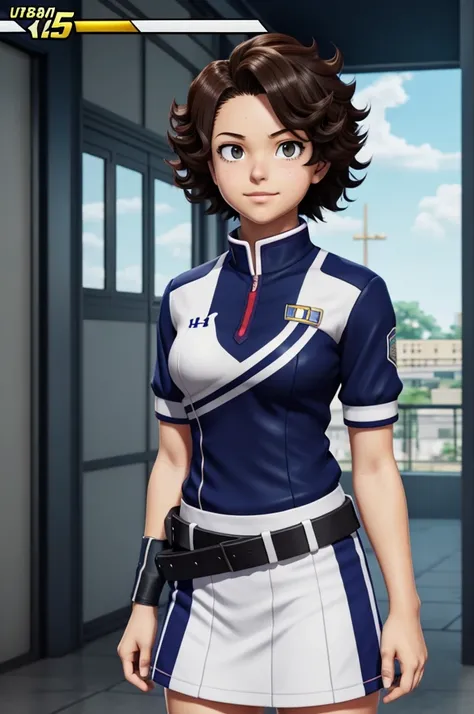 Screenshot of my hero academia a 15 year old UA uniform with a brunette curly hair background UA and Dominican 