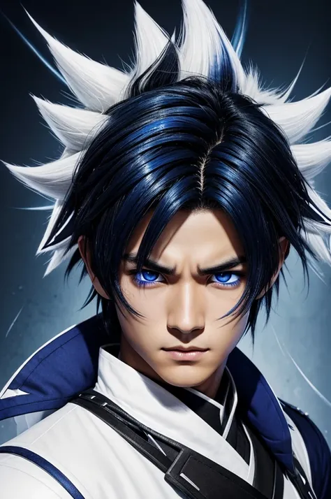 a black haired boy with a white streak on top of his forehead with short hair,semi-slanted sapphire blue eyes and light skin,with a male face wearing a hunter uniform with a white ahori with dark touches in the shape of drops,Demon Slayer style,anime art.