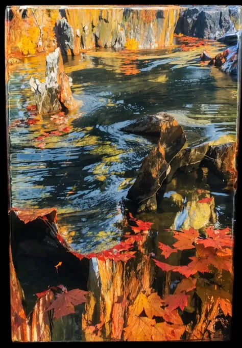 Beautiful scenery of lakes and mountains，Sparkling water surface，Red maple in autumn，Colorful and distinct，Clear changes in light and shadow，Delicate and smooth watercolor painting