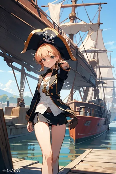 create a 25-year-old anime chia in pirate clothing with a miniskirt in a landscape of a dock and pirate ships holding a sword and a treasure map