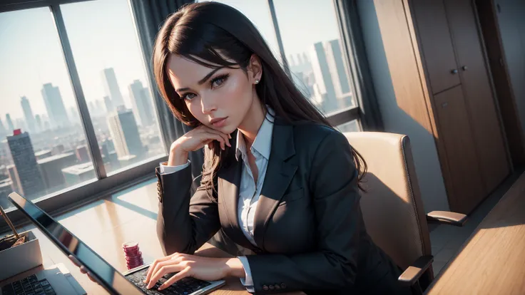 Stylish woman, Play slots on your tablet, Serious expression, Modern Office, lunch break, Salad bowl, business suit, Large windows, City view, Photorealistic 3D rendering