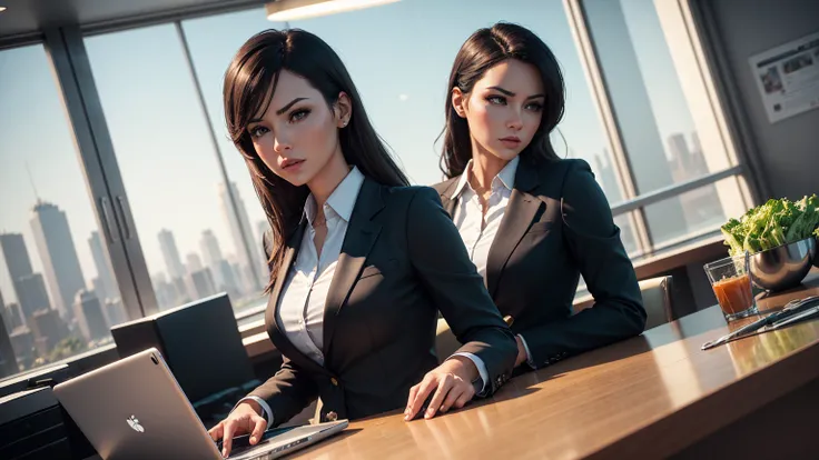 Stylish woman, Play slots on your tablet, Serious expression, Modern Office, lunch break, Salad bowl, business suit, Large windows, City view, Photorealistic 3D rendering