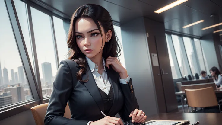 Stylish woman, Play slots on your tablet, Serious expression, Modern Office, lunch break, Salad bowl, business suit, Large windows, City view, Photorealistic 3D rendering