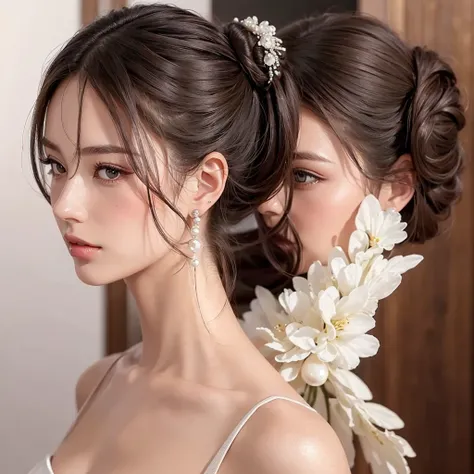 Imagine an elegant woman with a meticulously polished low bun at the back of her neck. O cabelo, an intense dark brown, it should be smooth and shiny, reflecting a well-groomed look. The bun is adorned with small white pearls evenly distributed, adding a s...