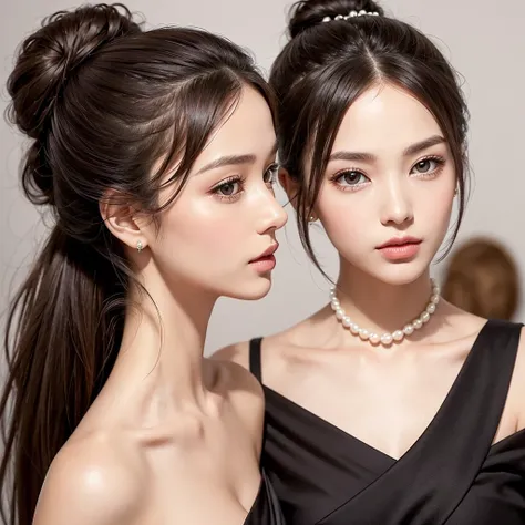 Imagine an elegant woman with a meticulously polished low bun at the back of her neck. O cabelo, an intense dark brown, it should be smooth and shiny, reflecting a well-groomed look. The bun is adorned with small white pearls evenly distributed, adding a s...