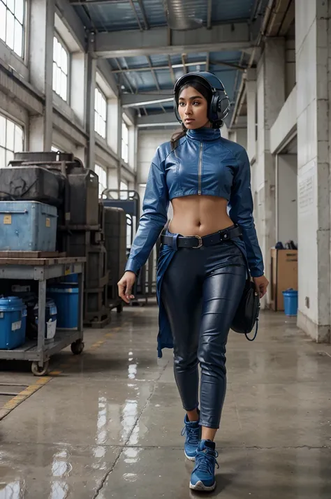 A dynamic model walking pose. The beautiful (Indonesian-Indian) mechanical-worker lady with (hijab), gamis dressed in (blue) mecha armor. Inside wearing grey leather turtle neck shirt, outside wearing an unzip blue detailed mecha-crop jacket with giant arm...